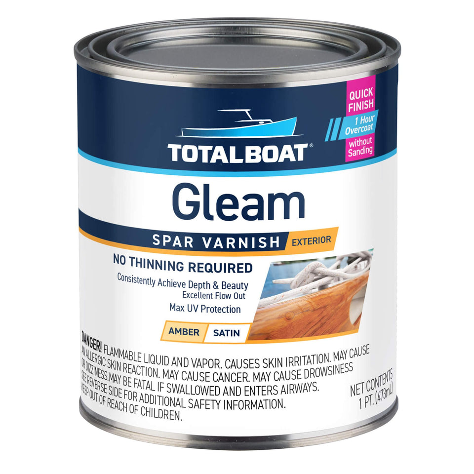 TotalBoat Gleam gloss varnish can for durable amber finish on boats and furniture.