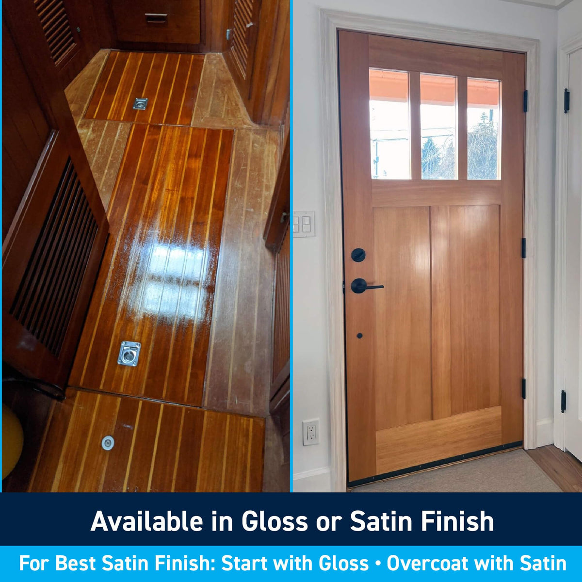 TotalBoat Gleam UV-inhibitors protect exterior wood from fading and weathering.