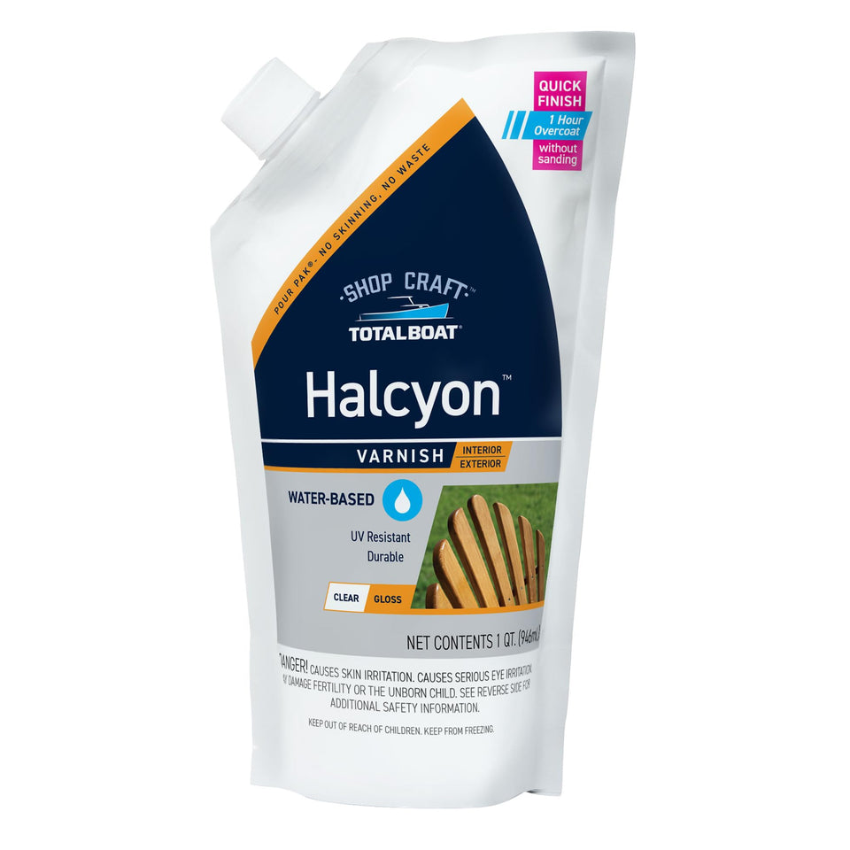 TotalBoat Halcyon amber gloss bottle pour highlighting fast-drying varnish for boats