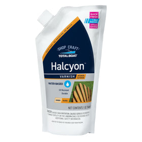 TotalBoat Halcyon amber gloss bottle shows warm finish for wood projects.