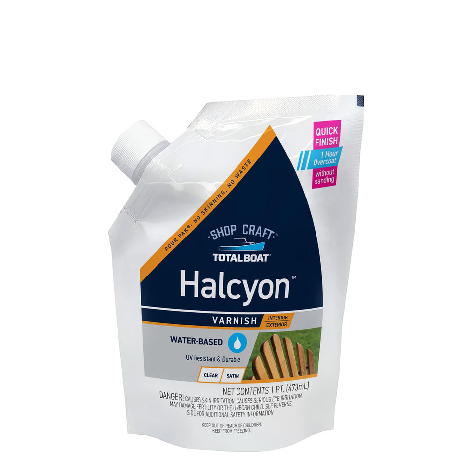 TotalBoat Halcyon gloss bottle pour demonstrates smooth, even coverage and quick dry.