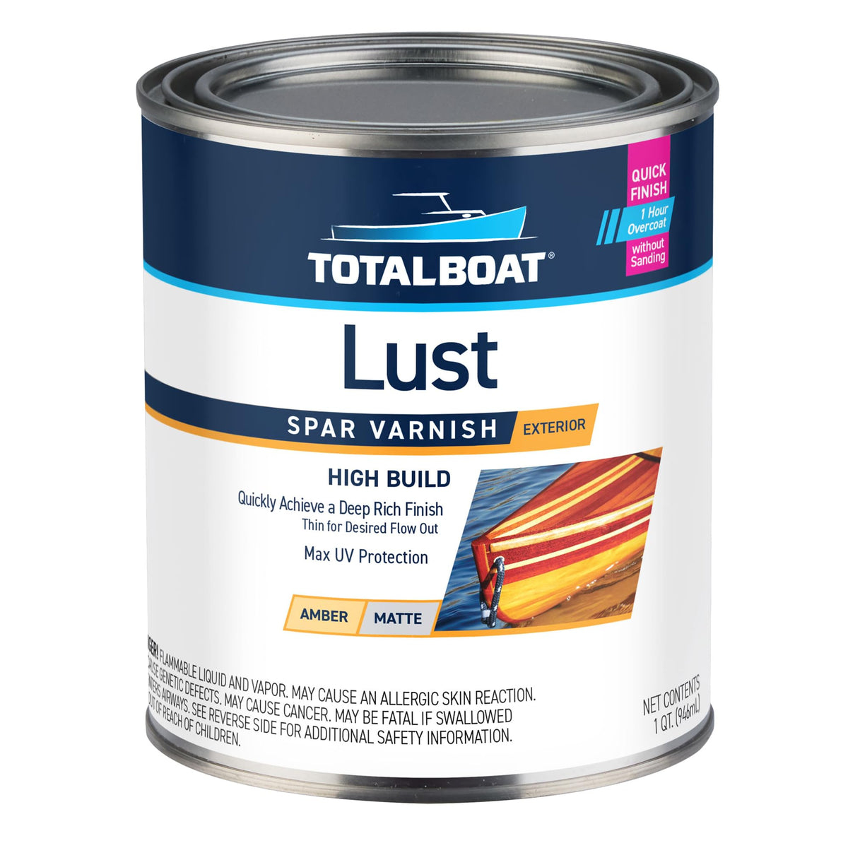 TotalBoat Lust high-gloss varnish bottle showing amber tone and UV protection.