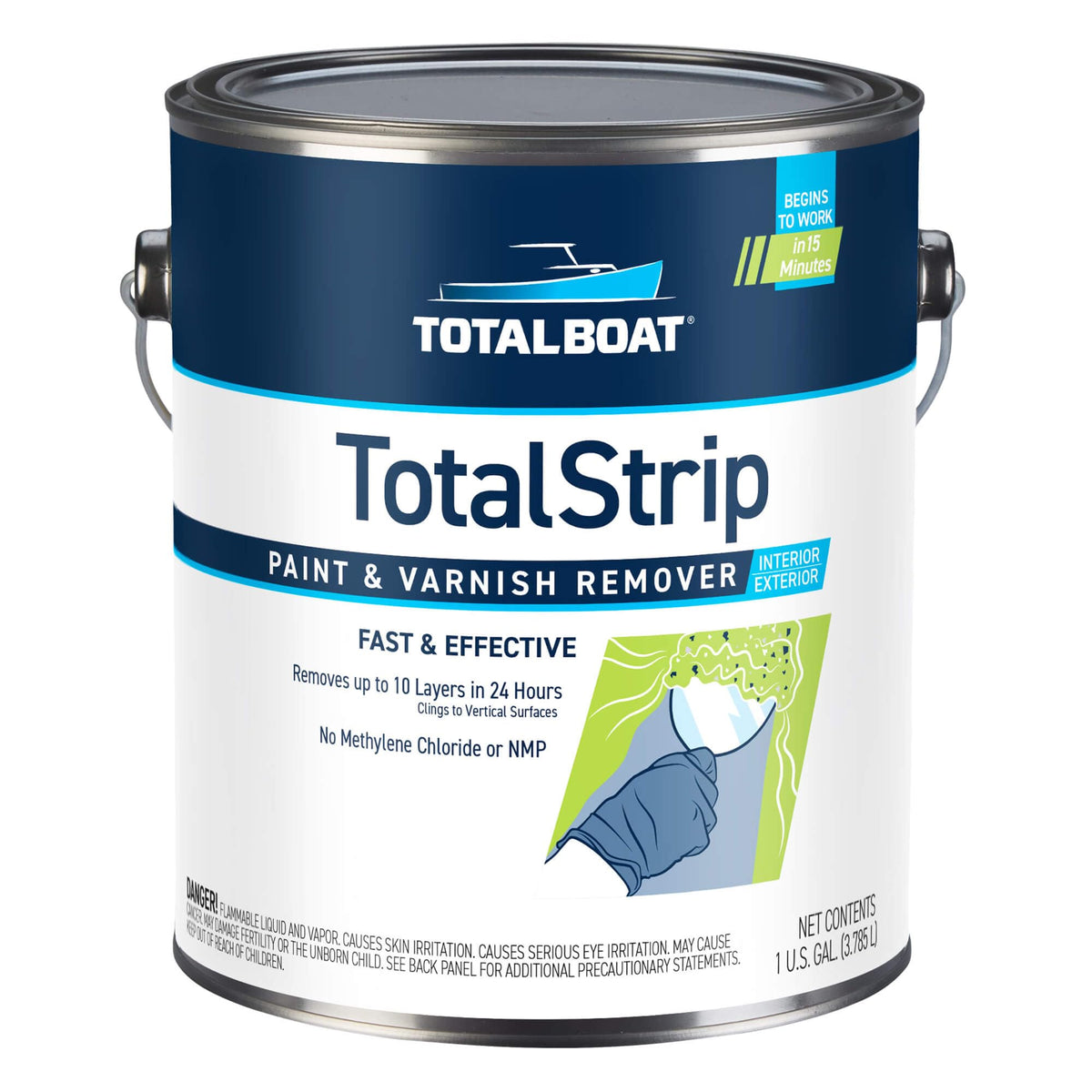 TotalBoat TotalStrip gel remover applied with a brush to strip paint on wood.