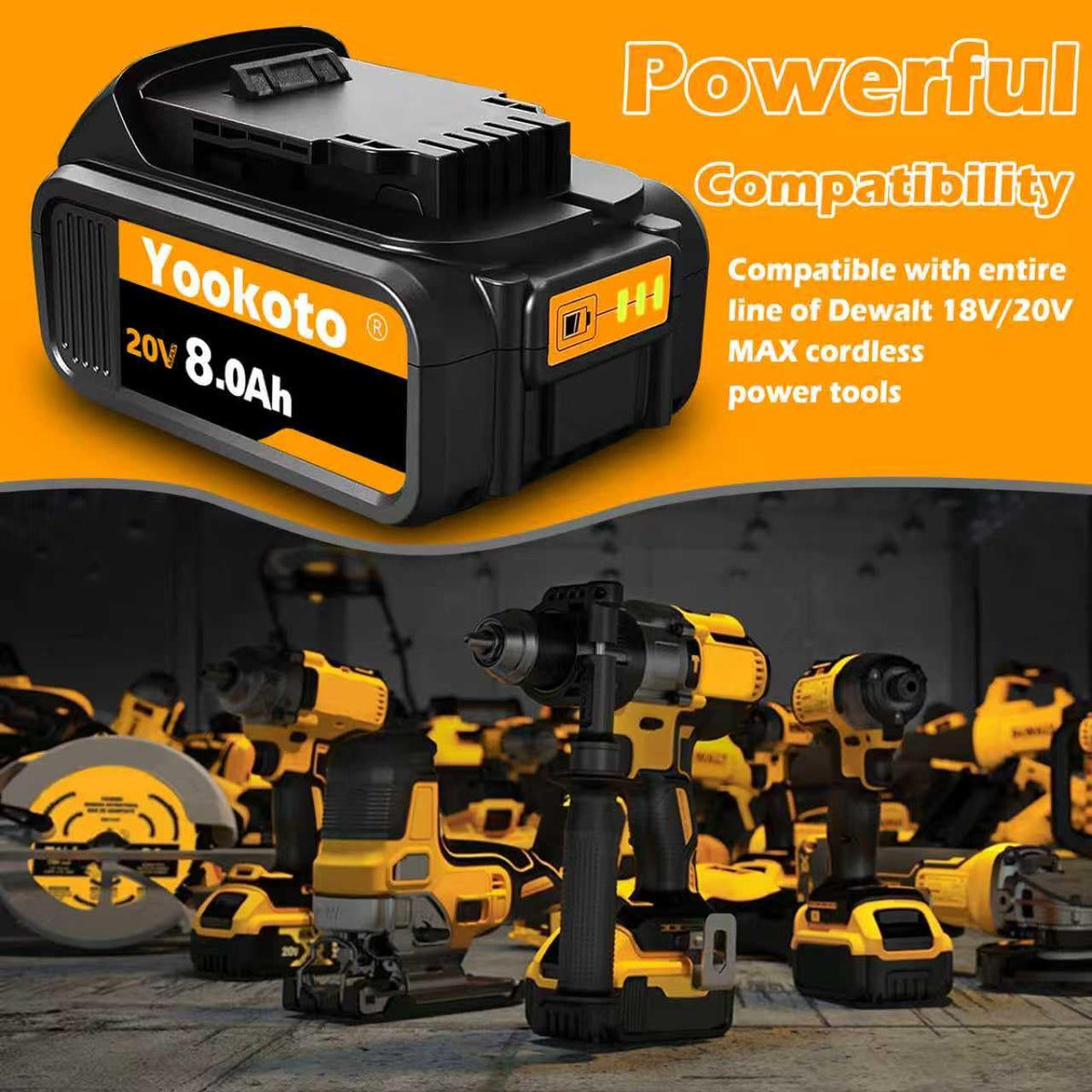 Totoplus Dewalt 20V Max 8Ah battery with warranty information.