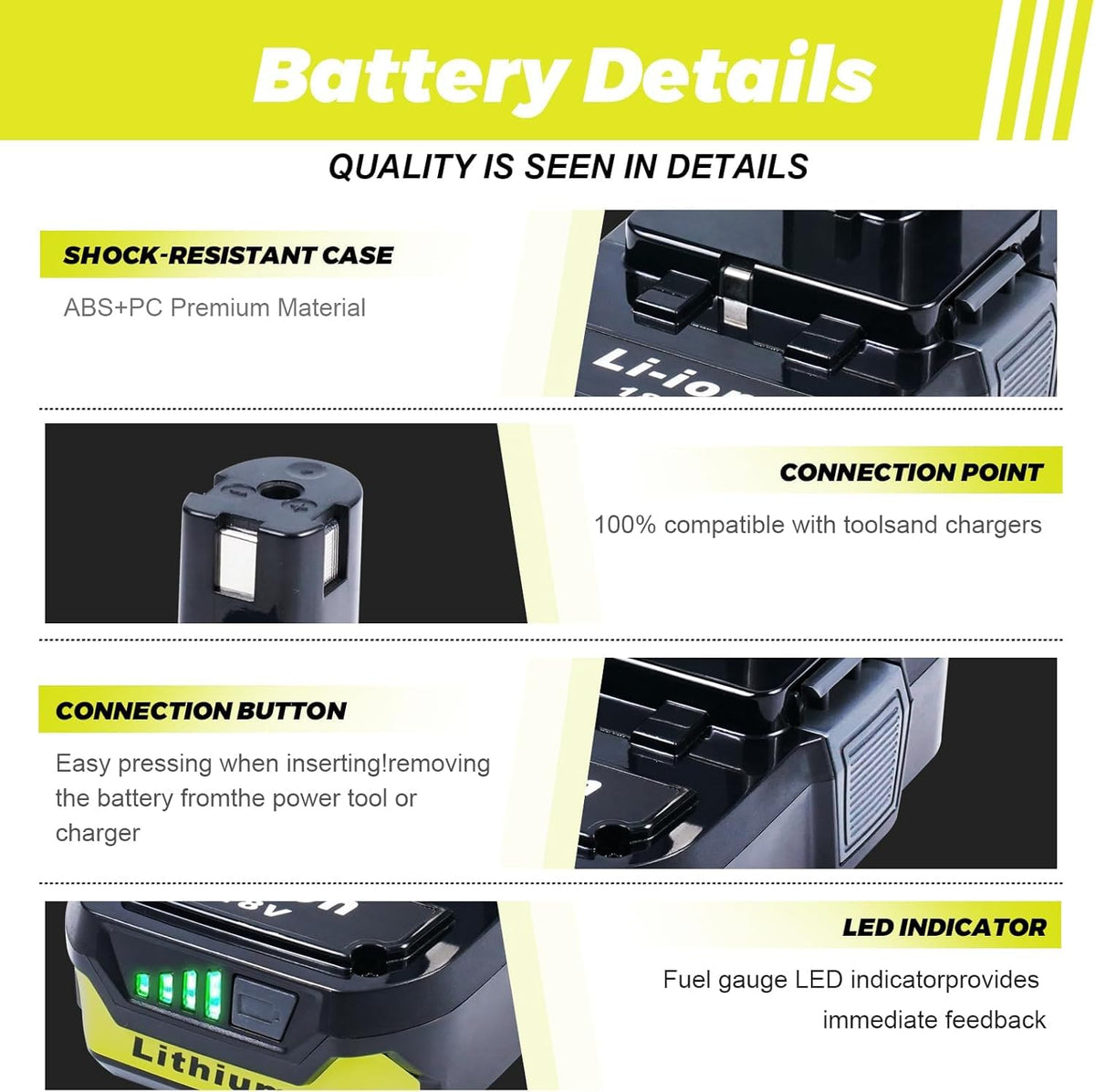 Totoplus Ryobi 18V battery charging compatibility works with the original Ryobi charger.