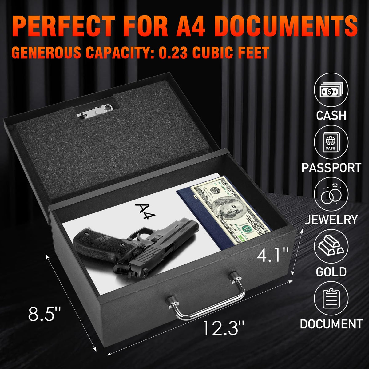 Totoy portable fireproof box fireproof and water-resistant material protects contents.