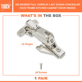 Touch clip-on hinges enable tool-free mounting for quick corner cabinet upgrades.