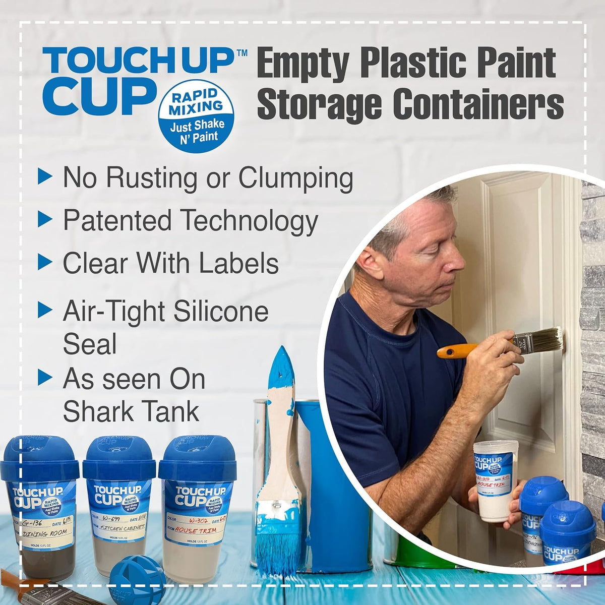 Touch Up Cup clear storage with labels for color identification and dating.
