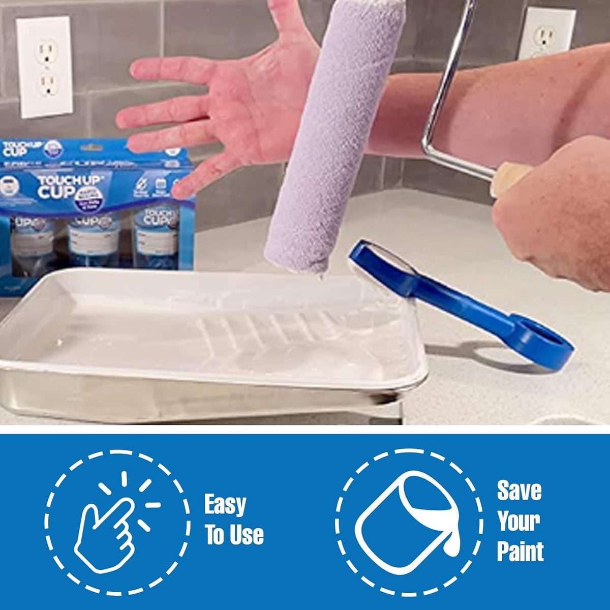 Touch Up Cup organizes paint on a shelf for easy DIY touch-ups.