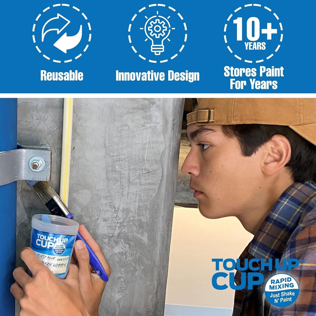 Touch Up Cup mixing ball prevents clumping for smooth paint storage.