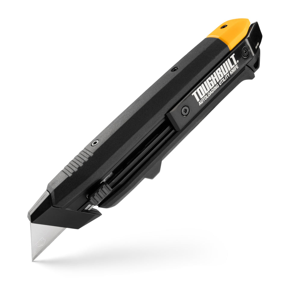 ToughBuilt autoloading knife front view—durable all-metal construction for heavy-duty cuts on site.