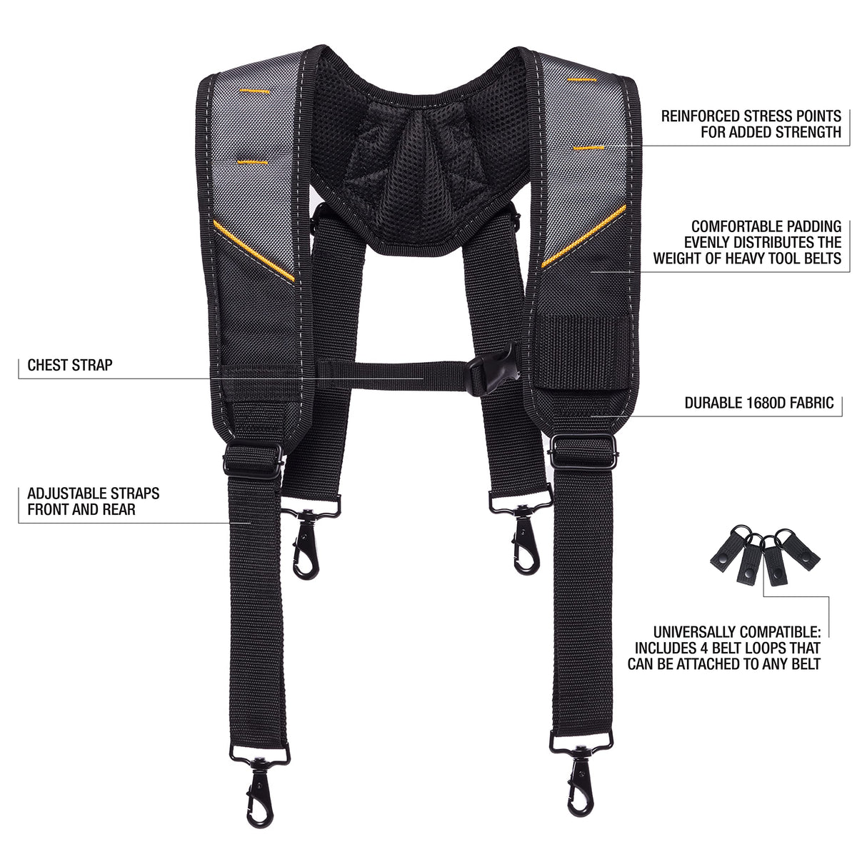 ToughBuilt ClipTech Pro Padded Suspenders side view with sturdy belt support