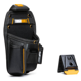 ToughBuilt ClipTech hammer holster clipped to belt for instant access on site