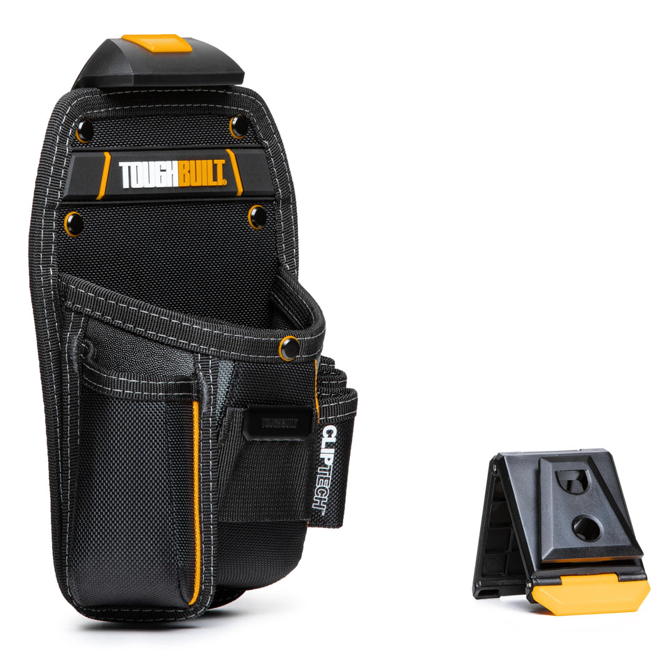 ToughBuilt ClipTech hammer holster clipped to belt for instant access on site