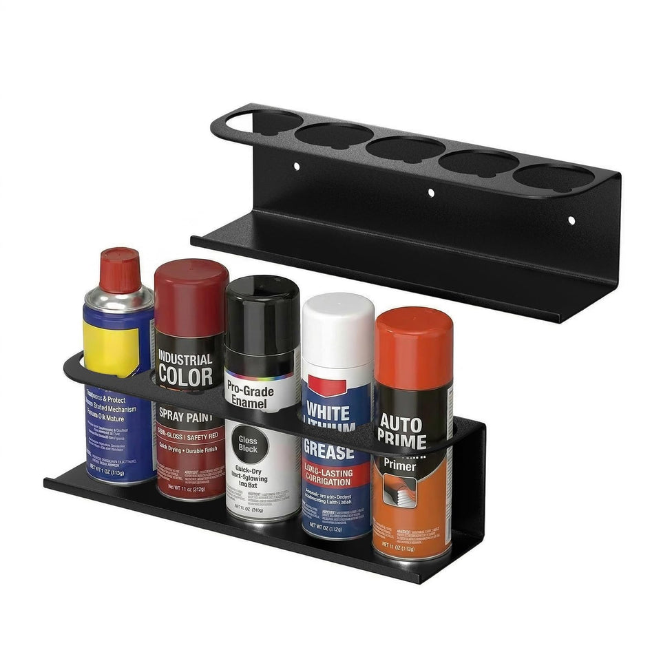 Touri wall-mounted spray can holder keeps cans organized on the garage wall.