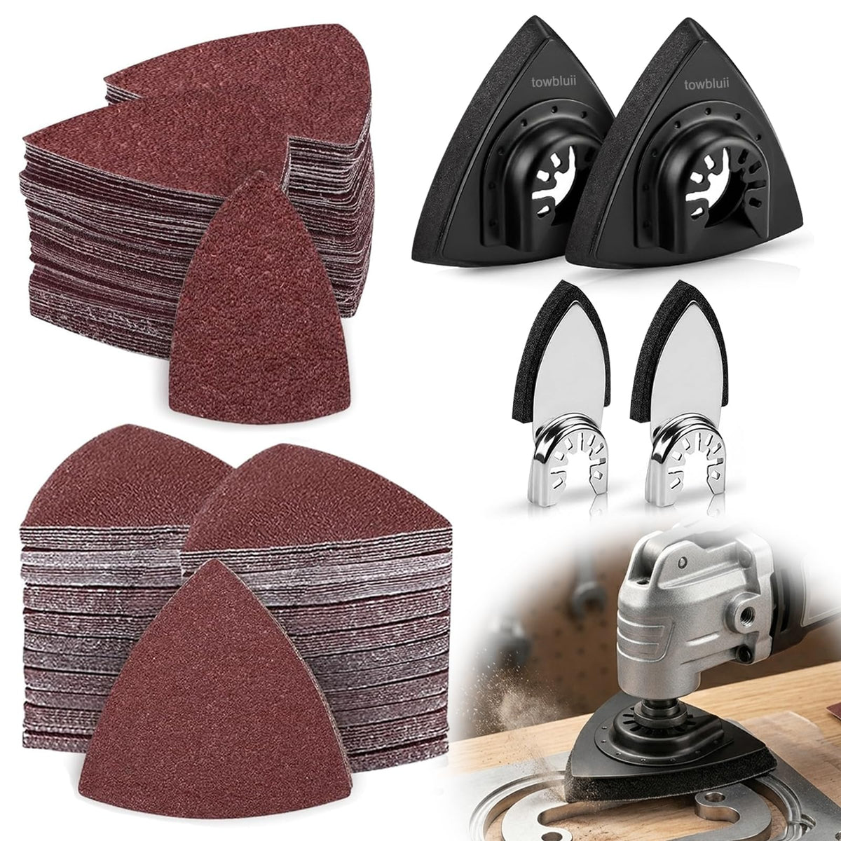 Towbluii detail sanding pads kit for precise wood finishing and edge work.