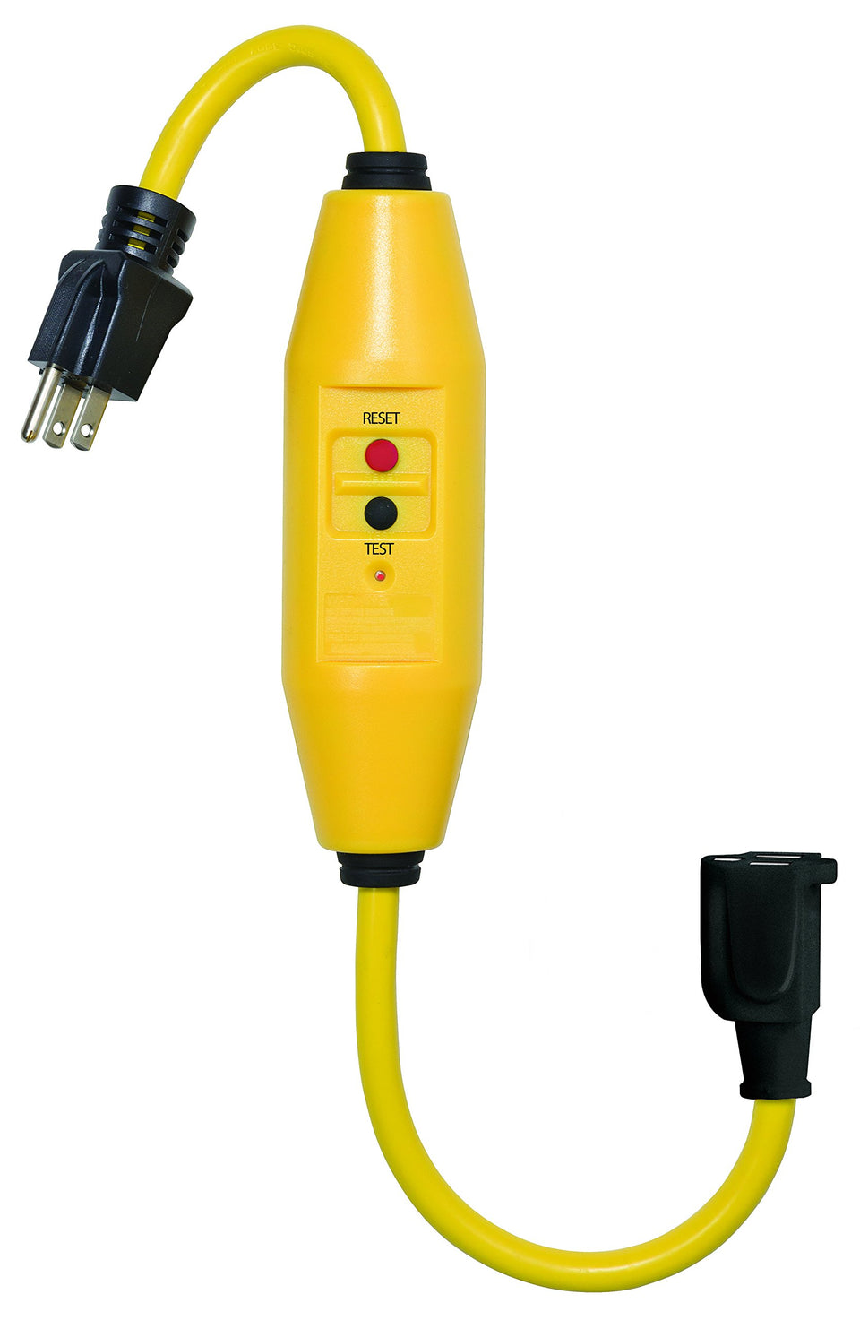 Tower Auto-Reset 15A inline GFCI cord with 18-inch yellow jacket protects tools on job sites.