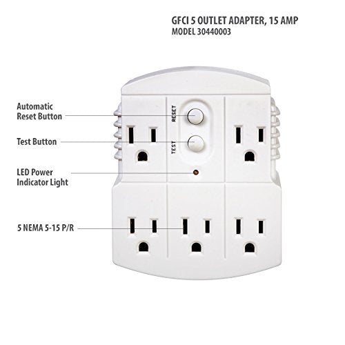 Tower GFCI 5-outlet adapter rear view highlighting safety listing and multiple receptacles