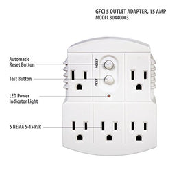 Tower GFCI 5-outlet adapter rear view highlighting safety listing and multiple receptacles