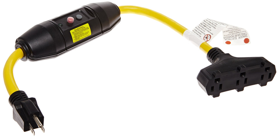 Tower Manufacturing manual reset inline GFCI cord with triple outlets for safer job-site power.