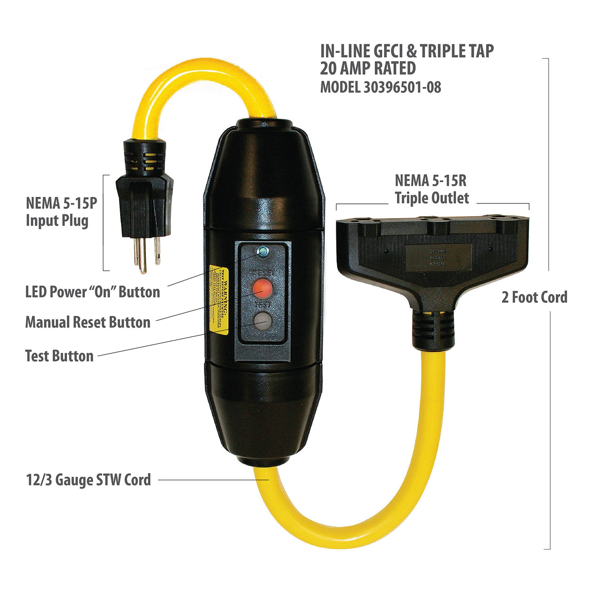Tower Manufacturing yellow black GFCI cord set showing three outlets for durable on-site tools.