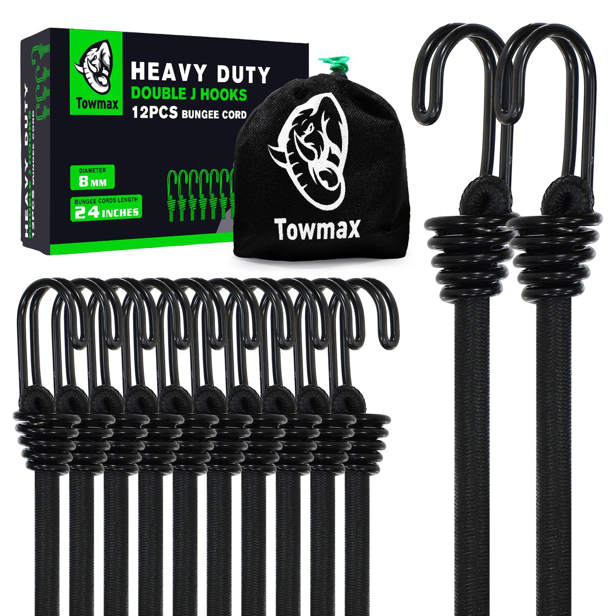 Towmax 24-inch bungee cord with hooks shows durable outdoor use and secure fastening.