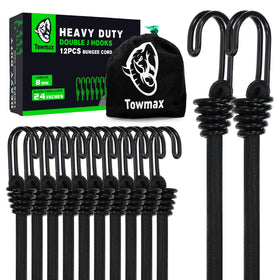Towmax 24-inch bungee cord with hooks shows durable outdoor use and secure fastening.