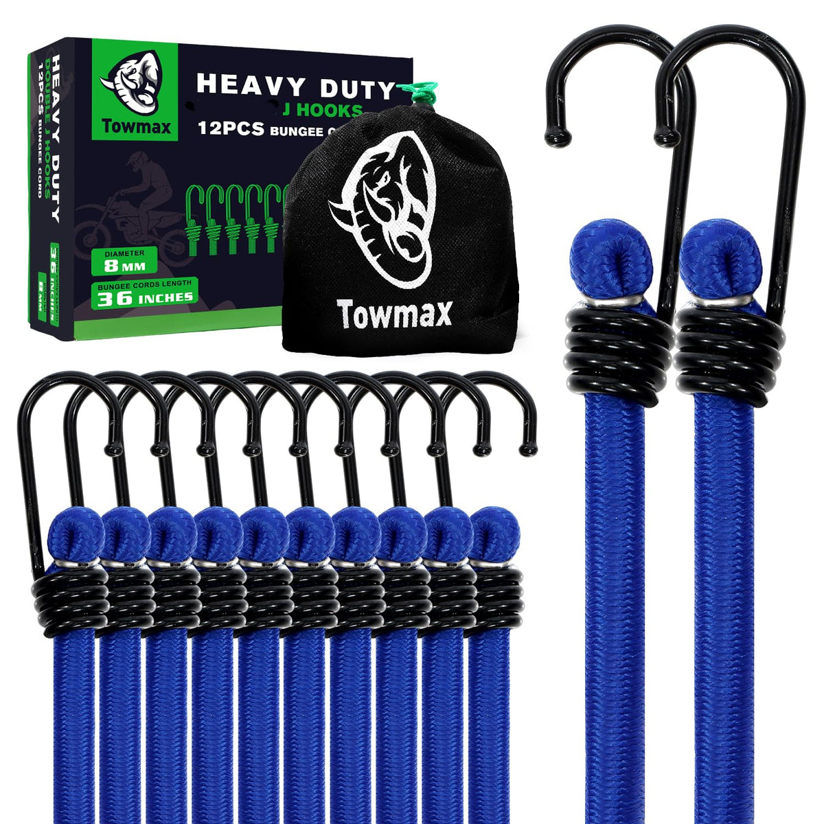 Towmax bungee cord with hooks in blue securing camping gear outdoors