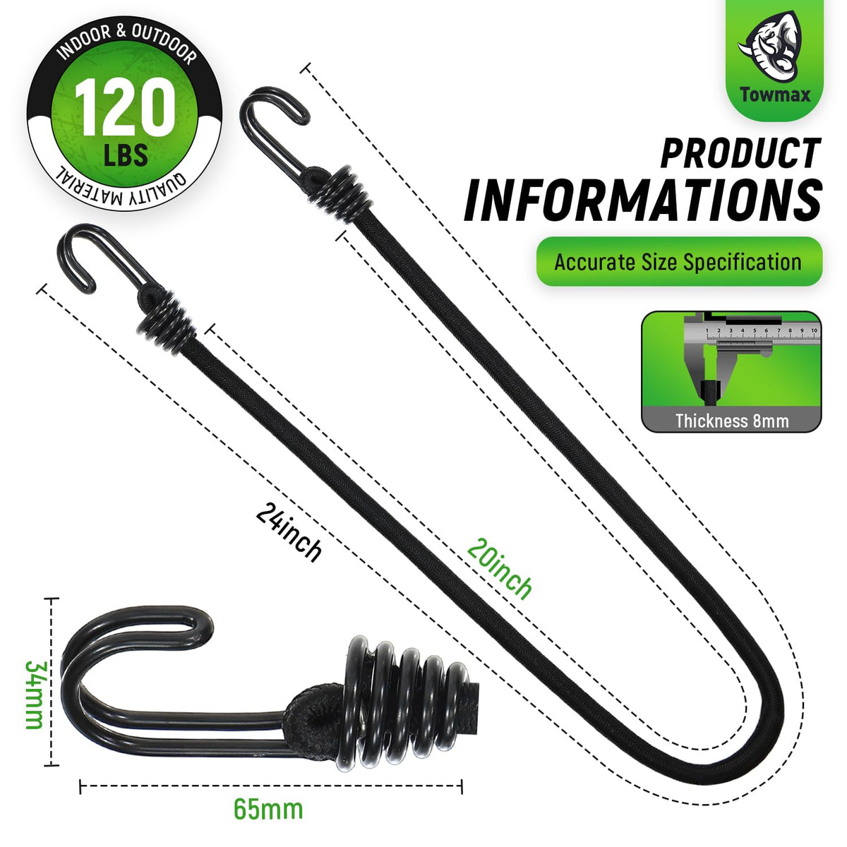 Towmax double-hook bungee cord provides stable tie-down for gear.