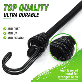 Towmax heavy-duty bungee cord coil highlights high elasticity for quick tension.