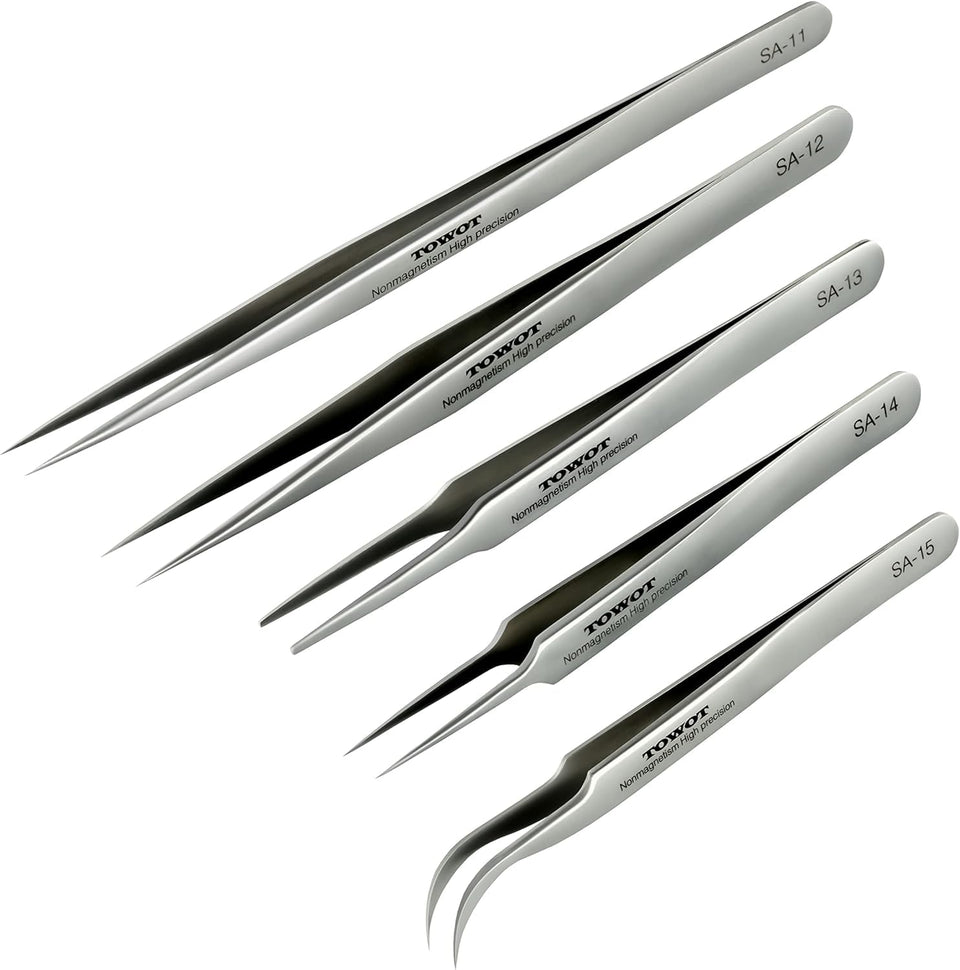 TOWOT precision tweezers curved-head set for delicate jewelry and electronics work.