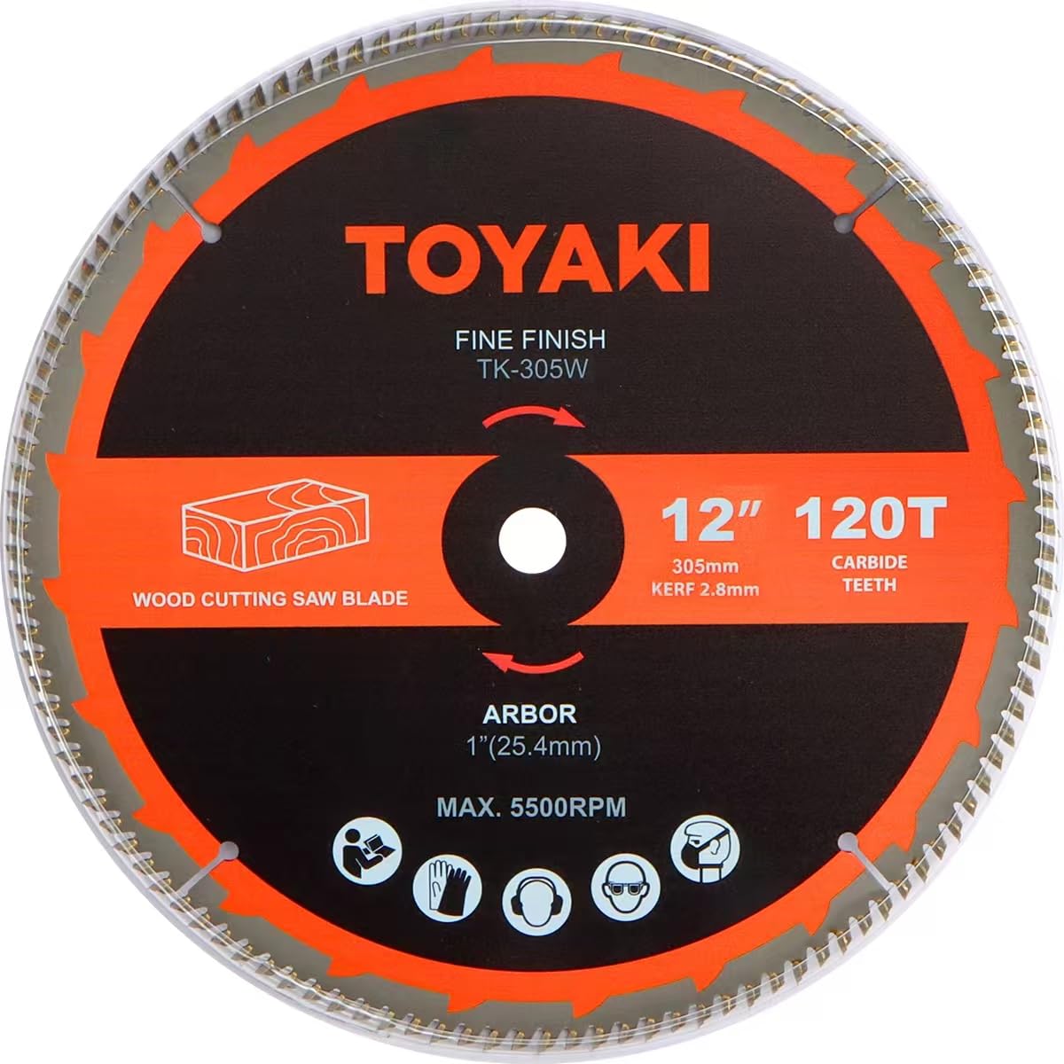 TOYAKI 12-inch miter blade close-up shows carbide teeth for clean, fine finishes