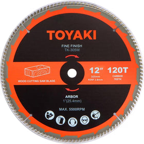TOYAKI 12-inch miter blade close-up shows carbide teeth for clean, fine finishes