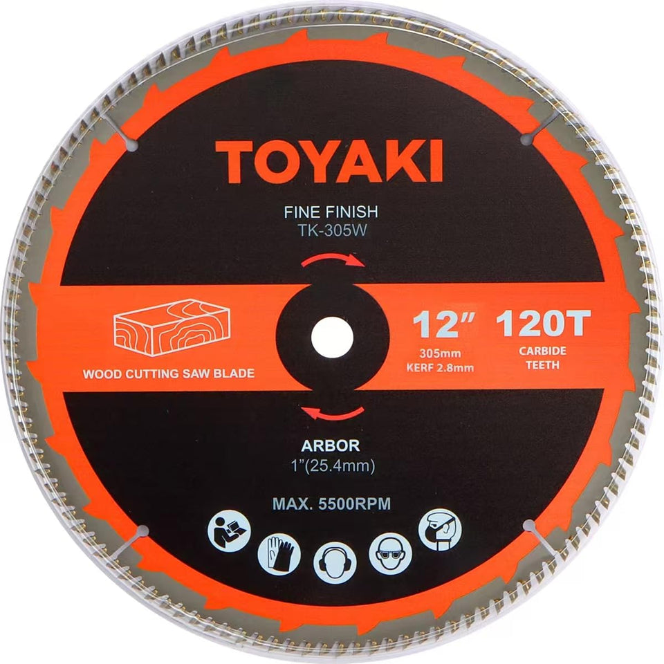TOYAKI 12-inch miter blade close-up shows carbide teeth for clean, fine finishes
