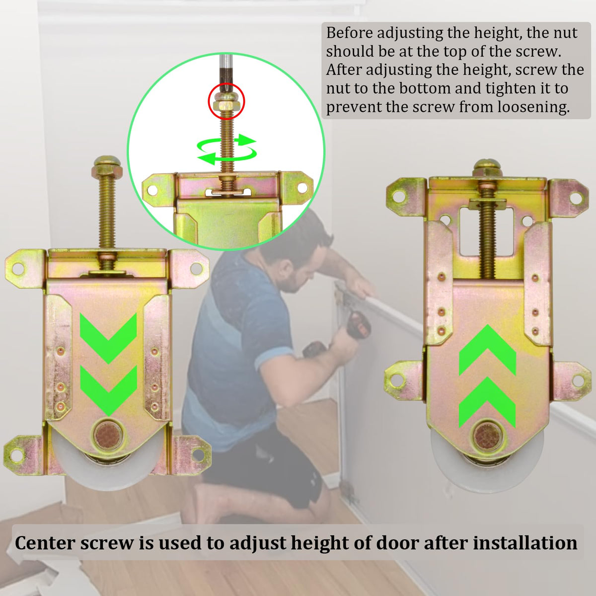 Height adjustment screw allows precise door alignment after install