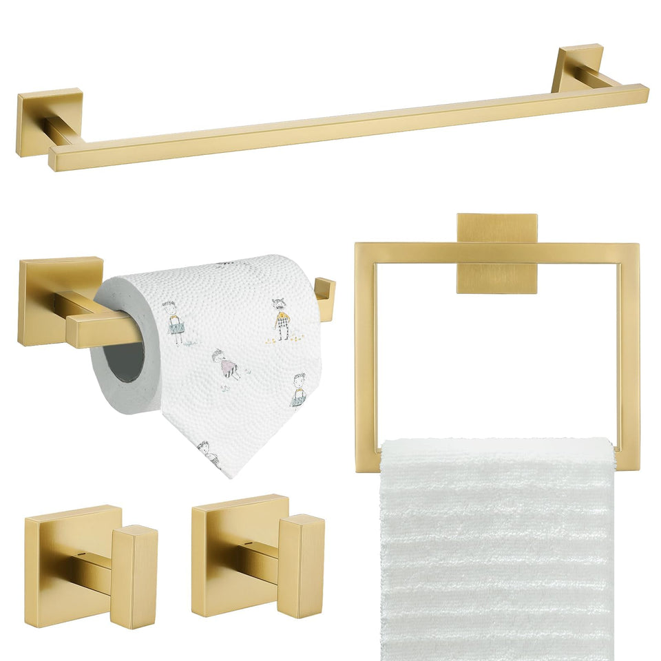 TQKAG 5-piece bathroom hardware set with 23.6-inch towel bar in brushed gold for organized space