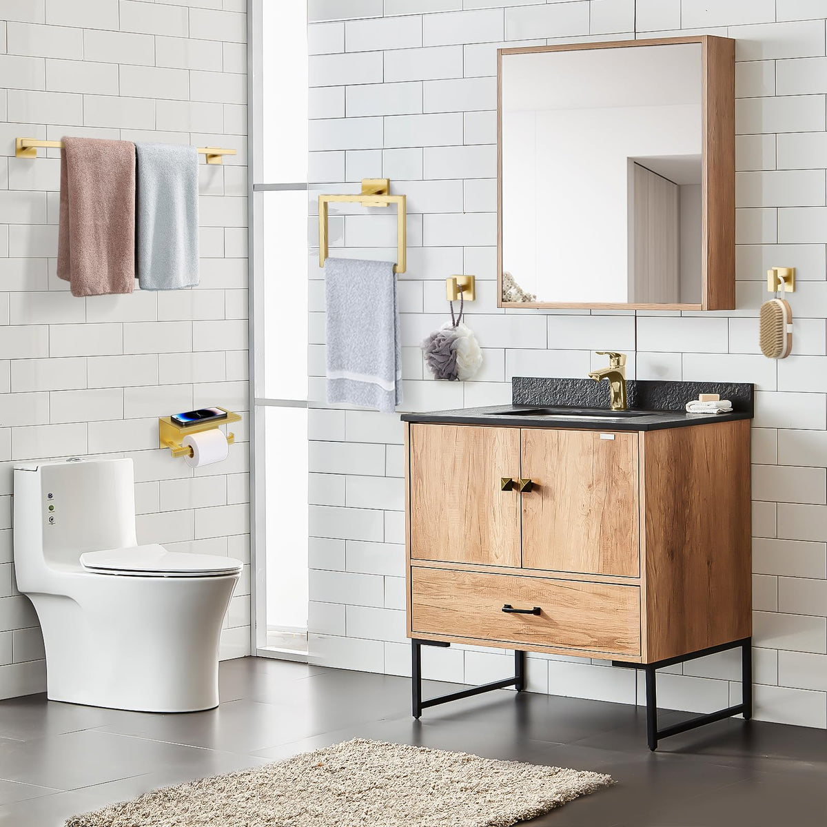 TQKAG brushed gold bathroom set close-up showcases modern square design.