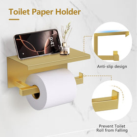TQKAG brushed gold toilet paper holder with shelf keeps essentials within reach.