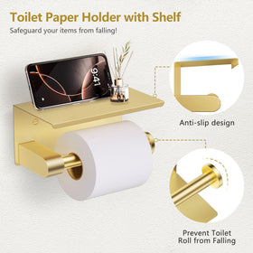 TQKAG brushed gold toilet paper holder with shelf keeps essentials within reach.