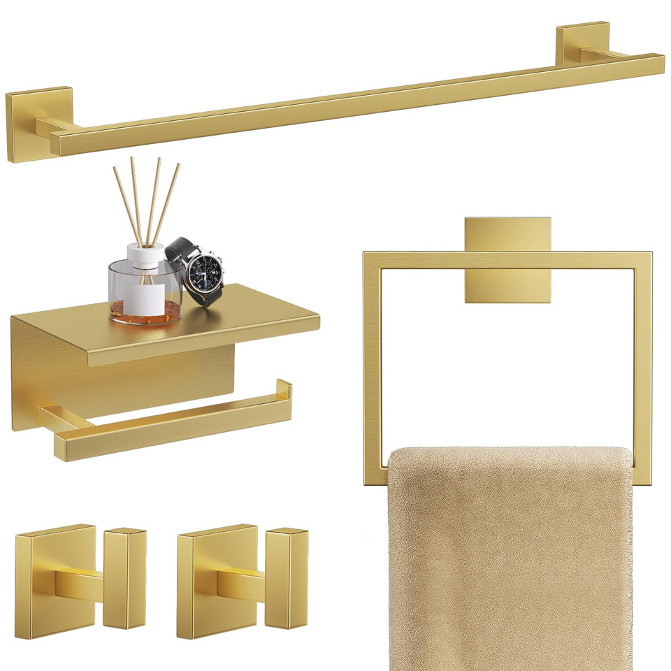 TQKAG brushed gold towel bar 23.6-inch for organized bathroom storage.