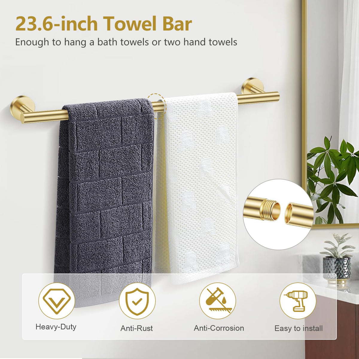 TQKAG brushed gold towel ring adds style and easy towel access.