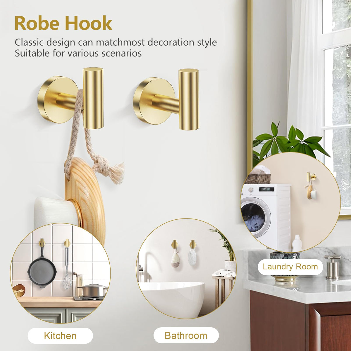 TQKAG brushed gold wall hooks set for robes, towels, and accessories.