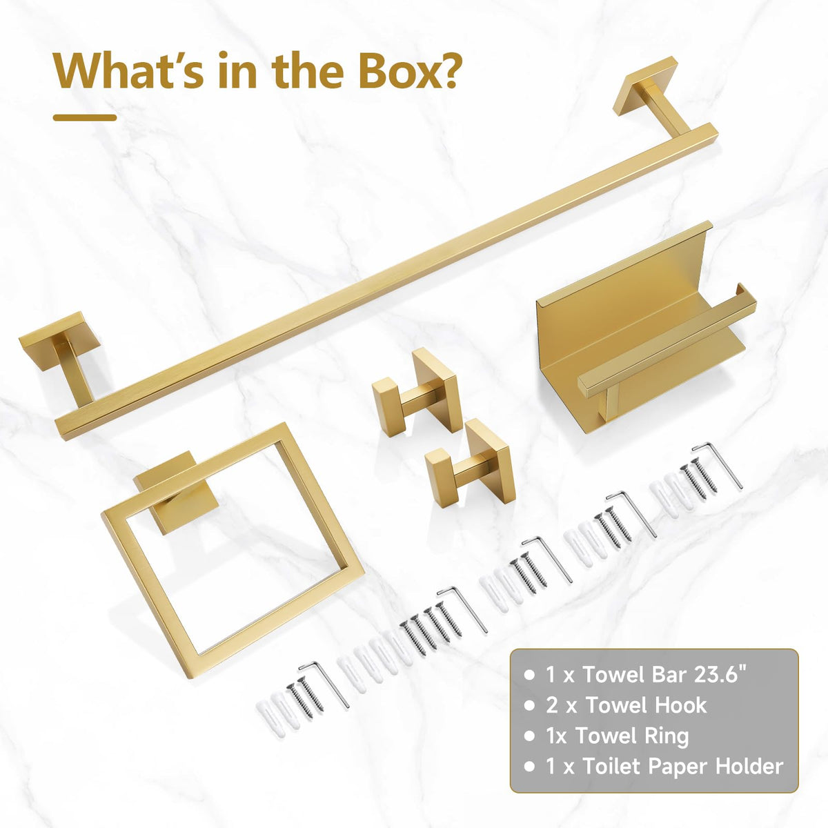 TQKAG brushed gold wall-mounted accessories enhance bathroom décor.