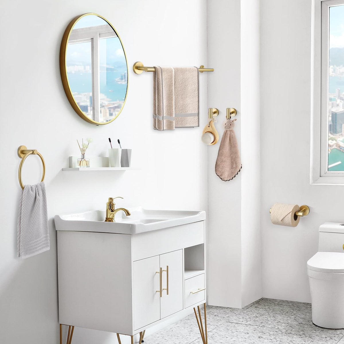 Modern bathroom setup with TQKAG brushed gold accents