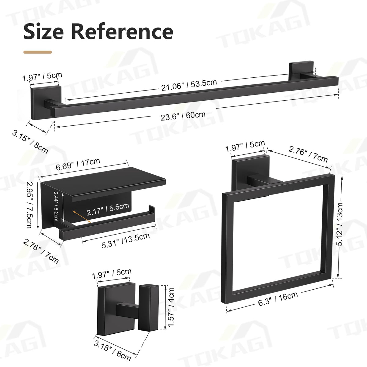 TQKAG square-design bathroom hardware in matte black finish.