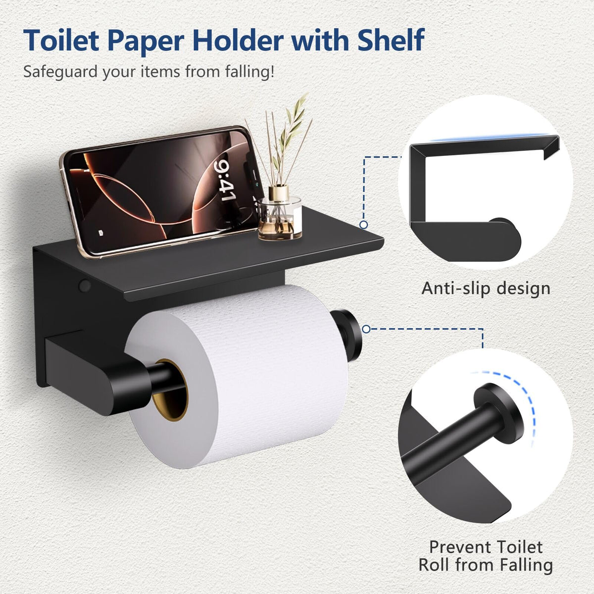 TQKAG toilet paper holder with shelf matte black provides convenient surface space