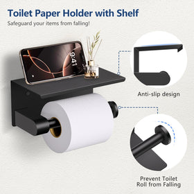 TQKAG toilet paper holder with shelf matte black provides convenient surface space