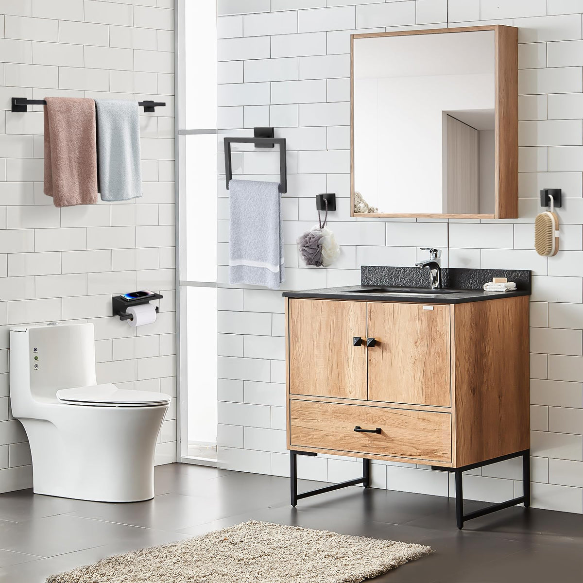 TQKAG wall-mounted bathroom accessories set in matte black.