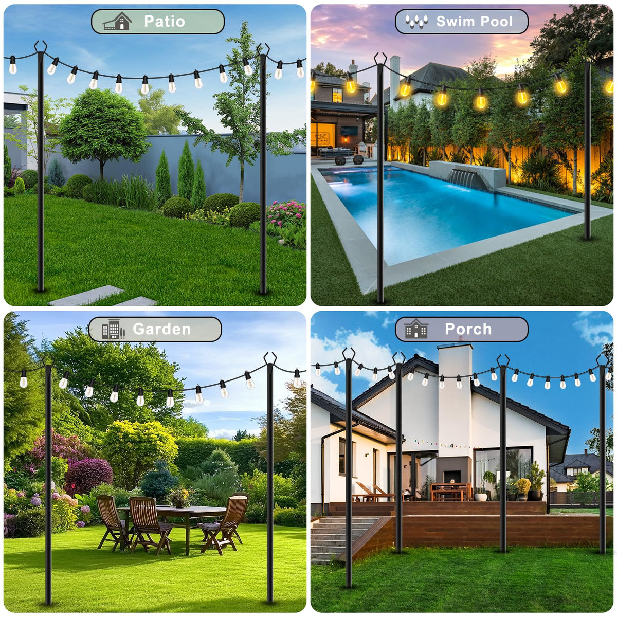 TQQVXX fork-base poles securing outdoor string lights in ground.