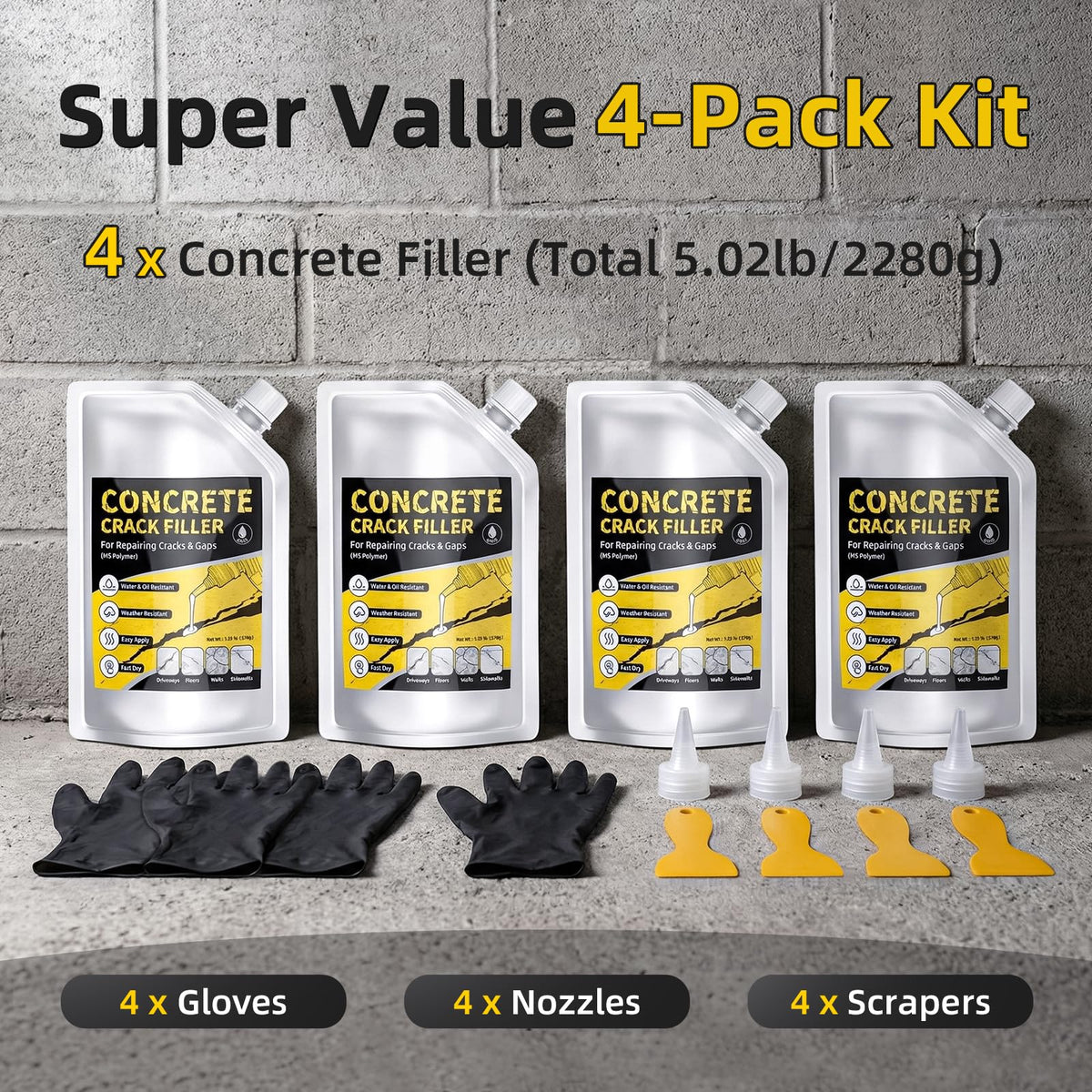 TQRR multi-surface adhesion concrete filler sticks to concrete brick stone masonry.